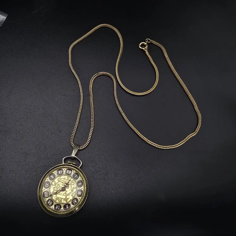 Vintage Harvester Watch Pendant Necklace Gold Tone Mechanical WORKS